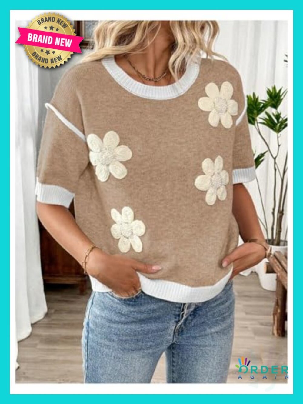 Rib Knit Floral Pullover Sweater, Short Sleeve, Crew Neck, Loose Fit, Polyester - Picture 2 of 4